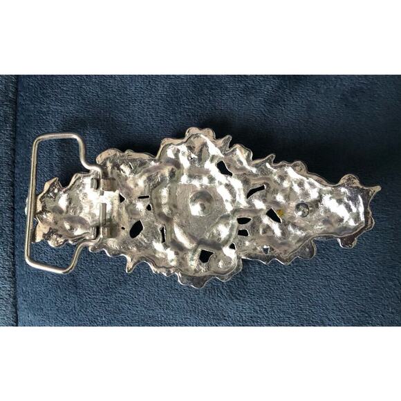 Vintage Floral Belt Buckle Enamel and Golden Rhinestones Silver Back Ornate - Picture 5 of 11